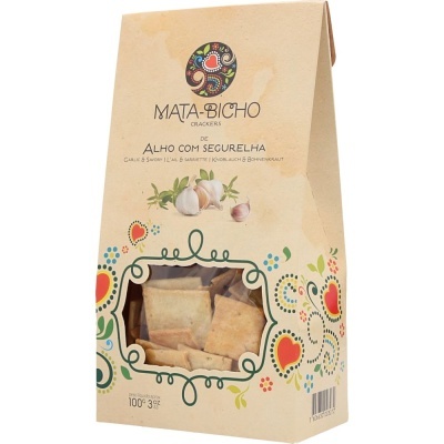 Embalagem de crackers de alho com segurelha da marca MATA-BICHO em papel castanho decorado