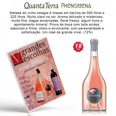 Garrafas de vinho rosé Phenomena Quanta Terra e revista Grandes Escolhas Rosés de Classe
