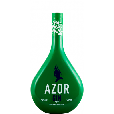 Garrafa verde fosca de gin Azor com tampa verde e texto branco e azul