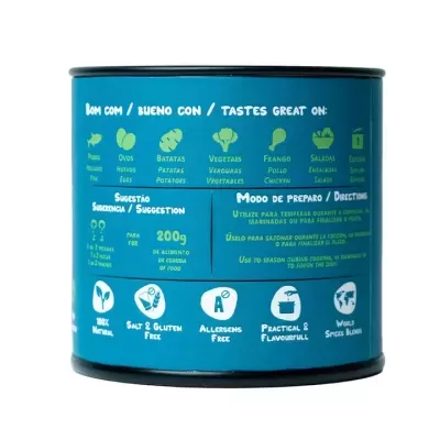 Lata azul com texto informativo em branco e verde sobre sugestões de uso e modo de preparo