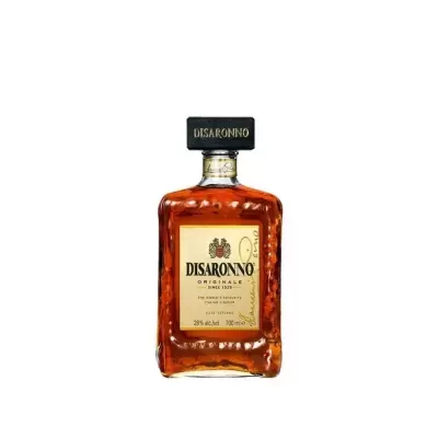 Garrafa de licor Disaronno Originale com rótulo e tampa preta