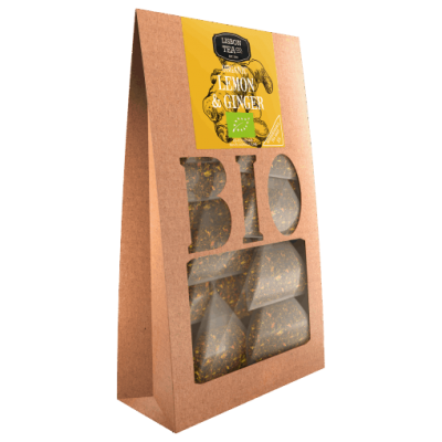 Embalagem de chá de limão e gengibre BIO com rótulo amarelo e janela transparente