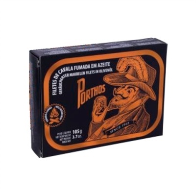 Embalagem preta e laranja de filetes de cavala fumada em azeite da marca Porthos