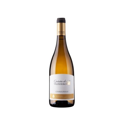 Garrafa de vinho branco Chardonnay Quinta do Valdoeiro com rótulo branco e dourado