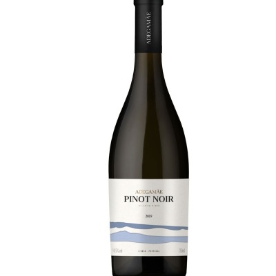 Garrafa de vinho Pinot Noir com rótulo branco e faixa azul ondulada.