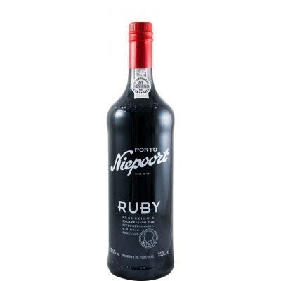 Garrafa de vinho do Porto Niepoort Ruby com rótulo preto e tampa vermelha