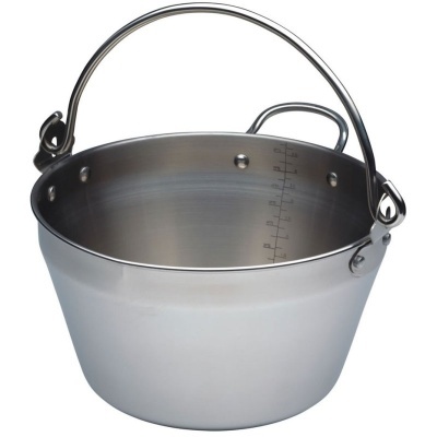 Balde de aço inoxidável prateado com alça móvel e marcações internas