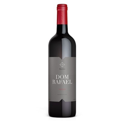 Garrafa de vinho tinto Dom Rafael com rótulo cinza e tampa vermelha