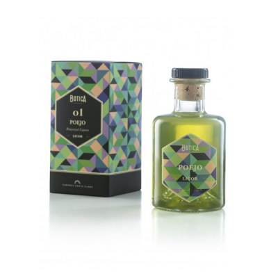 Frasco de licor verde com embalagem geométrica colorida