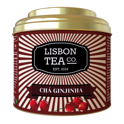 Lata de chá Chá Ginjinha da Lisbon Tea Co. com tampa dourada