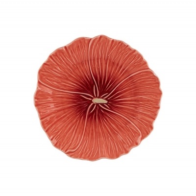 Prato decorativo em forma de flor vermelho-alaranjado em cerâmica