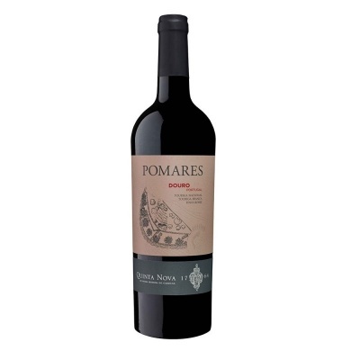 Garrafa de vinho tinto Pomares Douro com rótulo bege e cinza