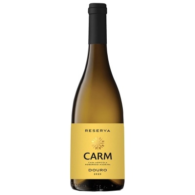 Garrafa de vinho branco com rótulo amarelo e tampa preta