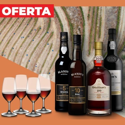Imagem com garrafas de vinho Madeira, copos de vinho e fundo de vinhas com texto OFERTA