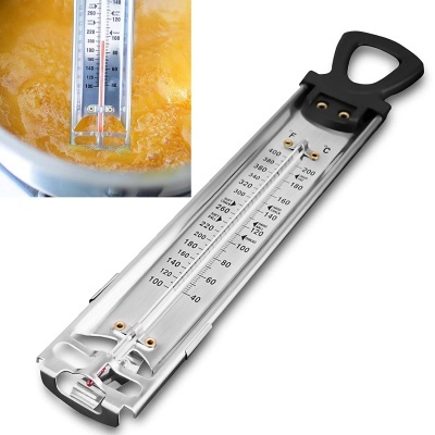 Termómetro de cozinha metal prateado com escala Fahrenheit Celsius e abre-fácil preto