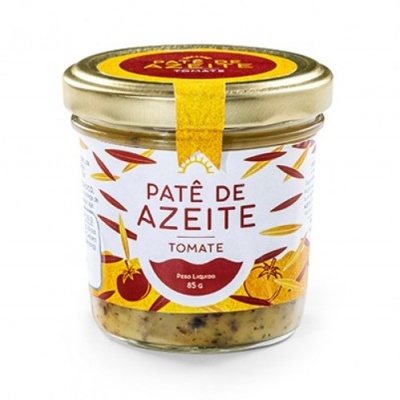 Frasco de patê de azeite sabor tomate em frasco de vidro com tampa dourada