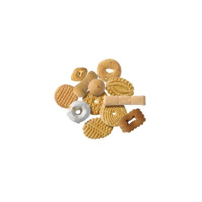 Variados tipos de bolachas com diferentes formatos e texturas sobre fundo branco.