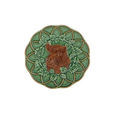 prato decorativo cerâmico com cabeça de javali em relevo e padrão verde