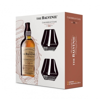 Conjunto The Balvenie Caribbean Cask com whisky e dois copos de degustação