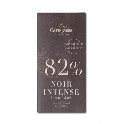 Barra de chocolate Café-Tasse 82% cacau, embalagem castanha escura