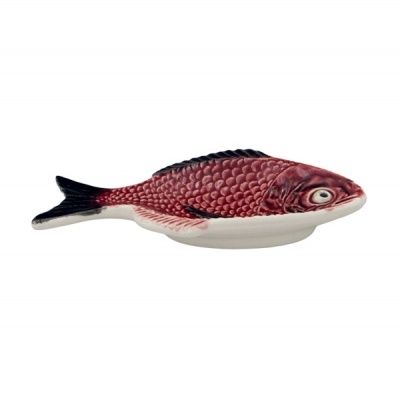 Prato em formato de peixe vermelho com detalhes pretos e brancos em cerâmica