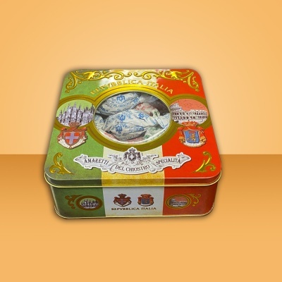 Caixa metálica tricolor italiana com amargos embalada individualmente