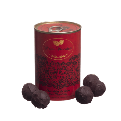 Lata vermelha de chocolates Maria Chocolate com bombons escuros