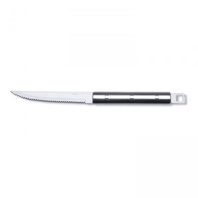 faca de cozinha com lâmina serrilhada e cabo preto com detalhes metálicos