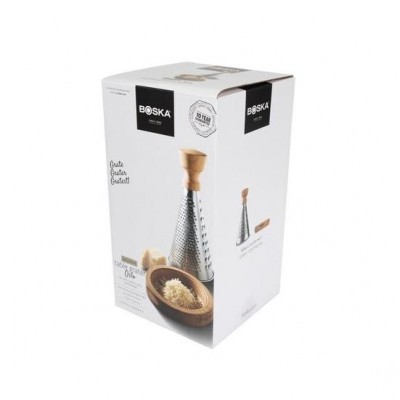 Caixa do ralador Boska Taste em metal e madeira clara com queijo ralado na tigela