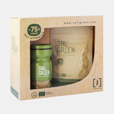 Produto SAL GREEN em caixa de cartão com frasco verde e embalagem de papel