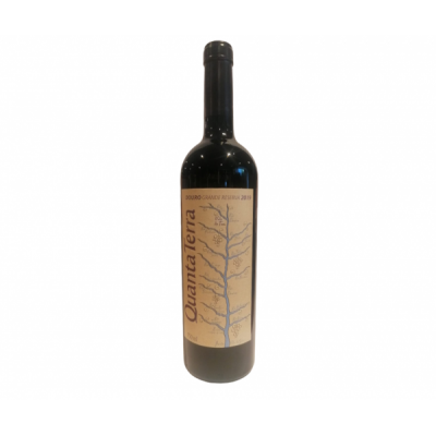 Garrafa de vinho tinto Quanta terra com rótulo bege e azul