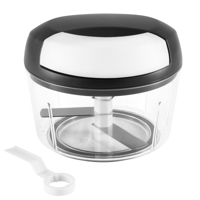 Picador manual de alimentos com tampa preta e branca e corpo transparente
