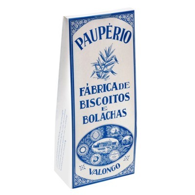 Embalagem branca e azul de biscoitos Paupério