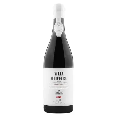 Garrafa de vinho Villa Oliveira Dão 2017 com rótulo branco e texto preto e vermelho