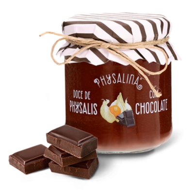 Frasco de doce de physalis com chocolate e pedaços de chocolate