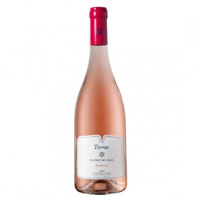 Garrafa de vinho rosé com rótulo branco e cápsula vermelha