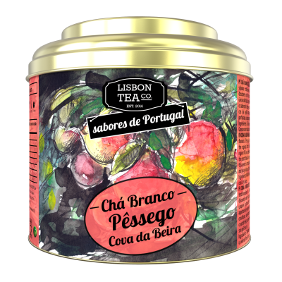 Lata metálica decorativa com chá branco de pêssego da Lisbon Tea Co.