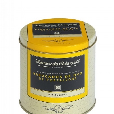 Lata metálica amarela e preta de rebuçados de ovo de Portalegre