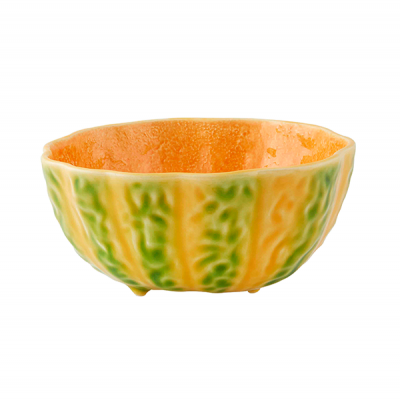 Tigela cerâmica verde e amarela com interior laranja