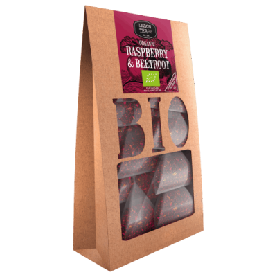 Pacote de chá orgânico framboesa e beterraba com embalagem castanha e janela transparente