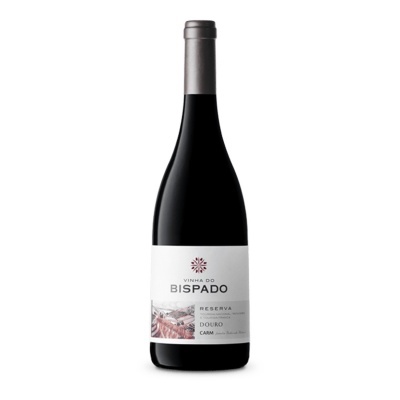 Garrafa de vinho tinto Vinha do Bispado Reserva Douro com rótulo branco e tampa prateada