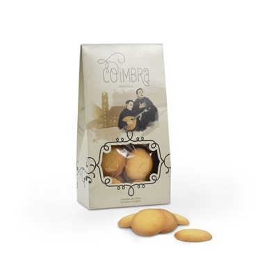 Pacote de biscoitos Coimbra Pastelaria com ilustração e biscoitos dourados