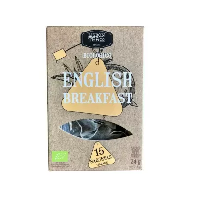 Caixa de chá Lisbon Tea Co English Breakfast com 15 saquetas visíveis