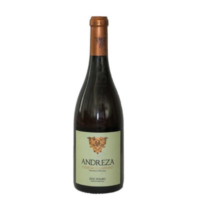 Garrafa de vinho tinto Andreza com rótulo creme e tampa bronze