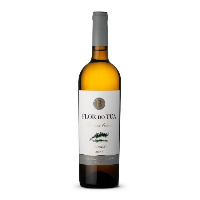 Garrafa de vinho branco FLOR DO TUA com rótulo branco e detalhes cinza