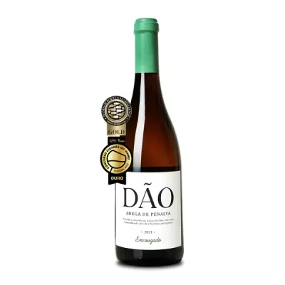 Garrafa de vinho branco DÃO Adega de Penalva com rótulo branco e cápsula verde