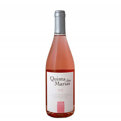 Garrafa de vinho rosé com rótulo branco e tampo prateado em fundo branco