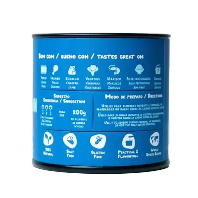 Lata azul com texto branco e tampa preta, informações de uso e ícones de características do produto.