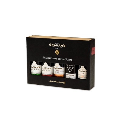Conjunto de miniaturas de vinho do Porto Graham's em caixa preta com texto branco e dourado