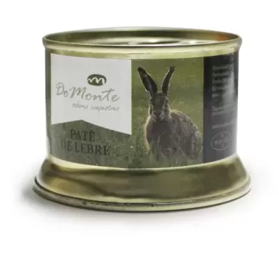 Lata metálica com paté de lebre e imagem de lebre